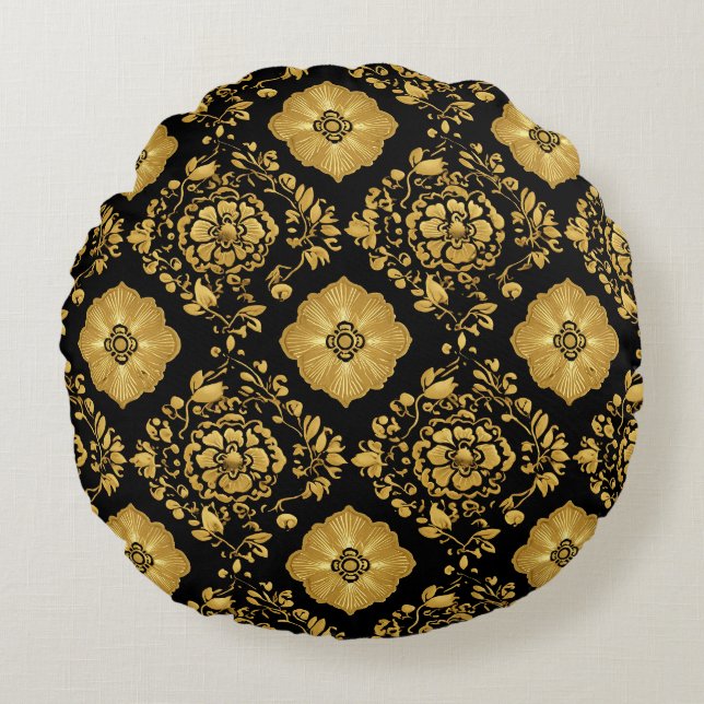Luxury Gold Floral Damask Pattern On Black Rond Kussen (Voorkant)