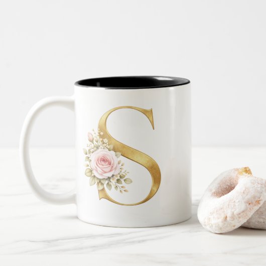 Luxury Gold Floral Letter S Monogram Tweekleurige Koffiemok (Met donut)
