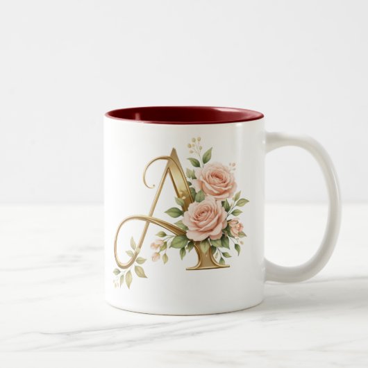 Luxury Gold Floral Monogram A Mug  Premium Elegan Tweekleurige Koffiemok (Rechts)