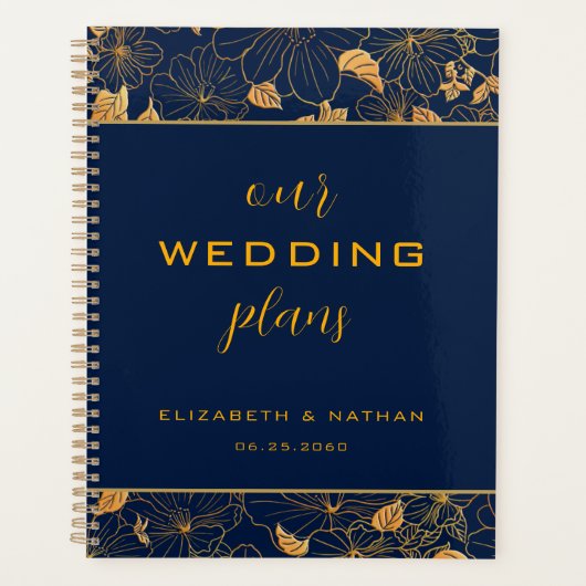 Luxury Gold Floral Navy Blue Wedding Planner (Voorkant)
