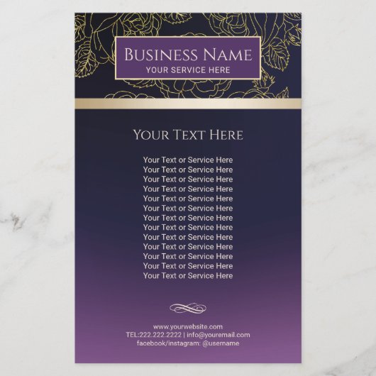 Luxury Gold Floral Pattern Paars Salon & Spa Flyer (Voorkant)
