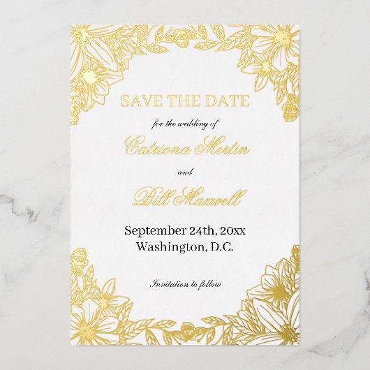 Luxury Gold Foil Floral Save The Date Card Folie Uitnodiging (Voorkant)