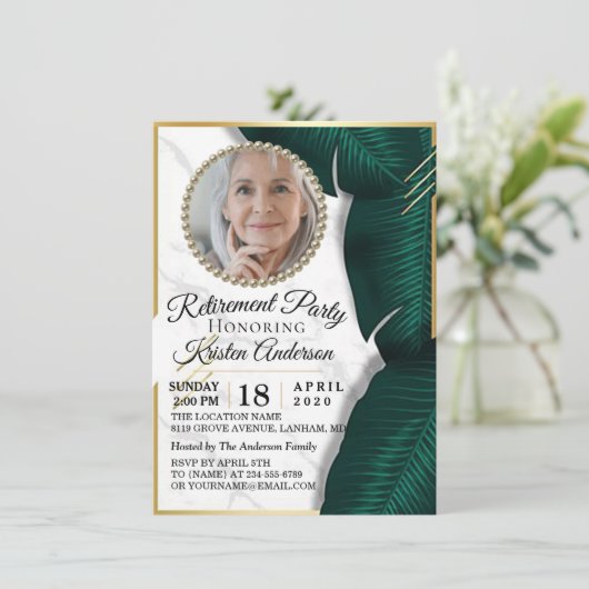 Luxury Gold Foliage Floral Photo Retirement Party Kaart (Staand voorkant)