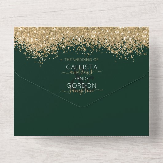 Luxury Gold Forest Green Glitter Confetti Wedding All In One Uitnodiging (Achterkant)