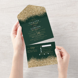 Luxury Gold Forest Green Glitter Confetti Wedding All In One Uitnodiging