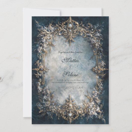 Luxury Gold Frame Dark Teal Floral Baroque Wedding Kaart (Voorkant)
