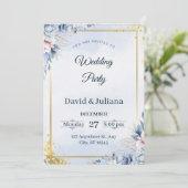 Luxury Gold Frame Navy Blue Floral Wedding Invitat Kaart (Staand voorkant)