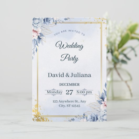 Luxury Gold Frame Navy Blue Floral Wedding Invitat Kaart (Staand voorkant)