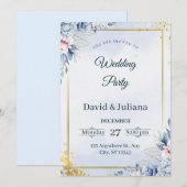 Luxury Gold Frame Navy Blue Floral Wedding Invitat Kaart (Voorkant / Achterkant)
