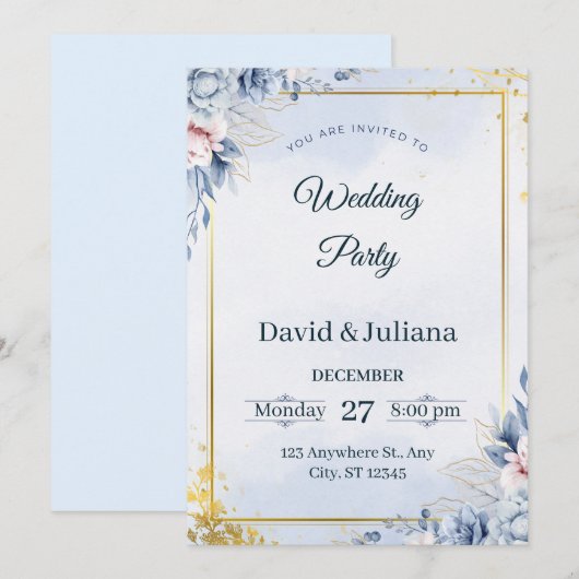 Luxury Gold Frame Navy Blue Floral Wedding Invitat Kaart (Voorkant / Achterkant)