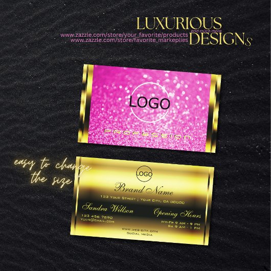 Luxury Gold Girly Pink Glitter Sparkle Modern Logo Visitekaartje