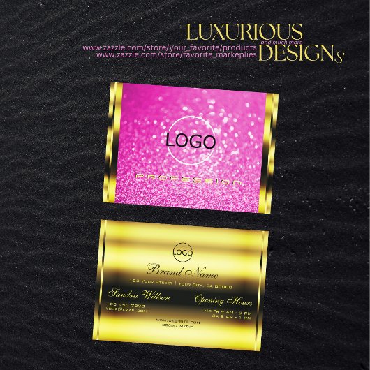 Luxury Gold Girly Pink Glitter Sparkle Modern Logo Visitekaartje