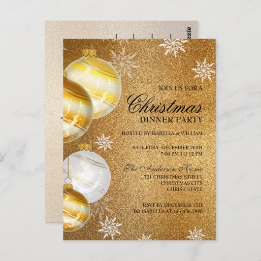 Luxury Gold Glitter Baubles - kerstuitnodiging Briefkaart (Voorkant / Achterkant)