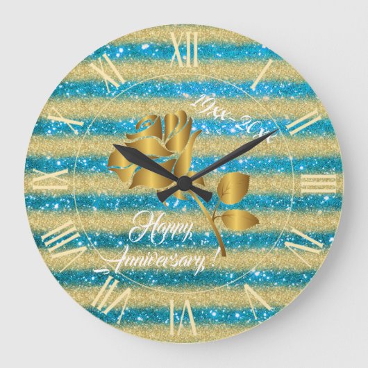 Luxury Gold Glitter Blue Floral Gift Grote Klok (Voorkant)