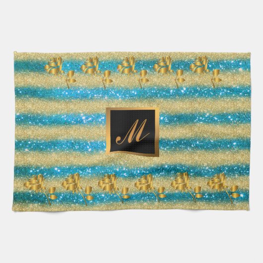 Luxury Gold Glitter Blue Floral Gift Theedoek (Horizontaal)