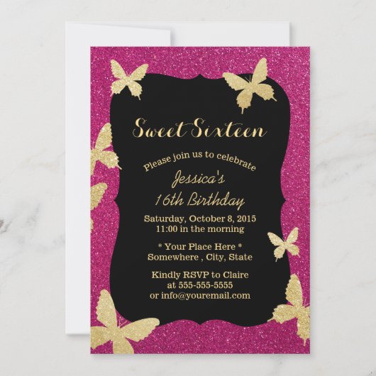Luxury Gold Glitter Butterflies Sweet 16 Kaart (Voorkant)