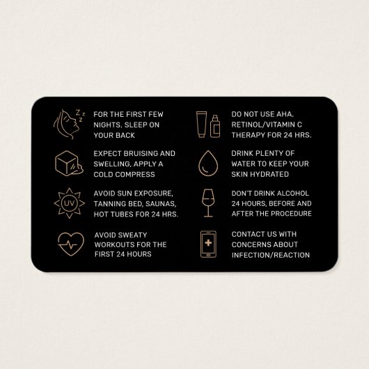 Luxury Gold Glitter Dermal Filler Aftercare Kaart (Achterkant)