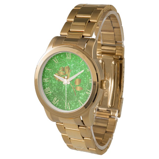 Luxury Gold Glitter Green Floral Gift Horloge (Gekanteld)