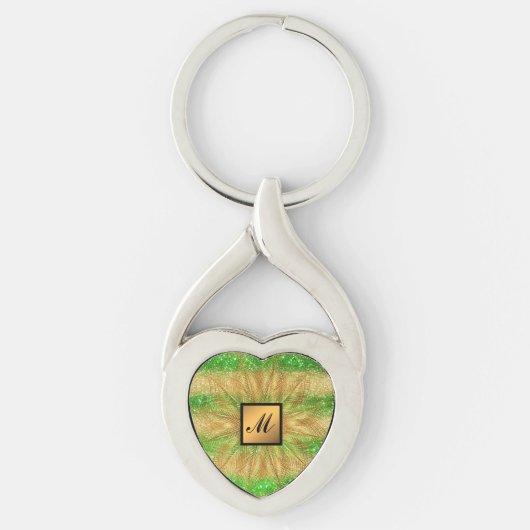 Luxury Gold Glitter Green Monogrammed Gift Sleutelhanger (Voorkant)