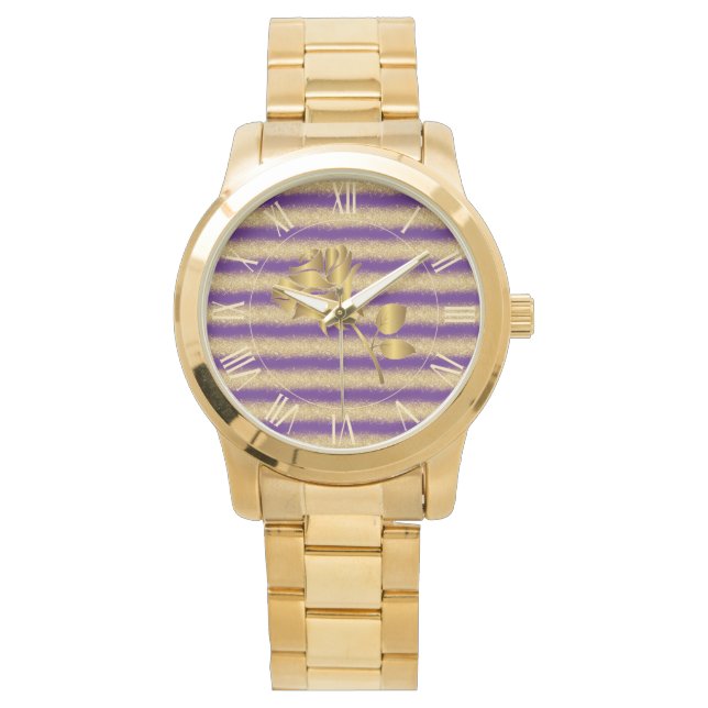 Luxury Gold Glitter Paarse Floral Gift Horloge (Voorkant)