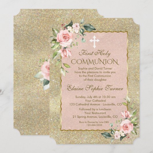 Luxury Gold Glitter Pink Floral First Community Kaart (Voorkant / Achterkant)