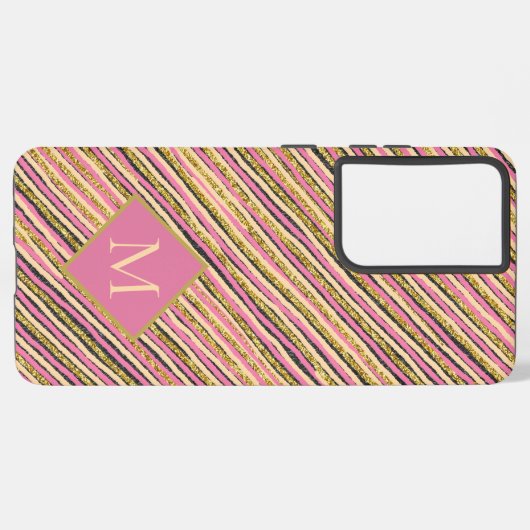 Luxury Gold Glitter Sparkle Stripes Pink Monogram Samsung Galaxy Hoesje (Achterkant horizontaal)