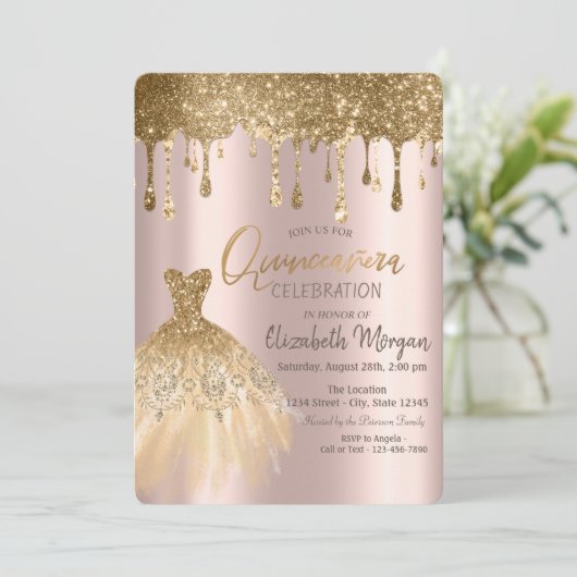 Luxury Gold Glitter-stuwt dress Quinceañera Kaart (Staand voorkant)