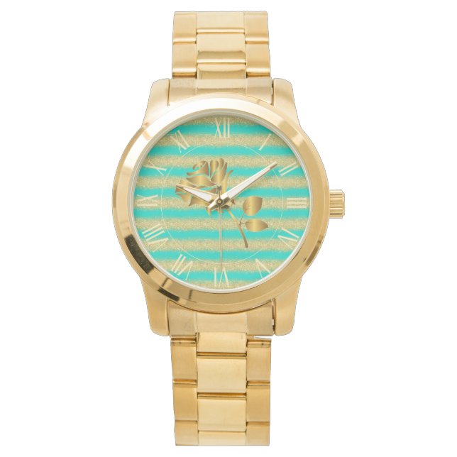 Luxury Gold Glitter Turquoise Floral Gift Watch Horloge (Voorkant)