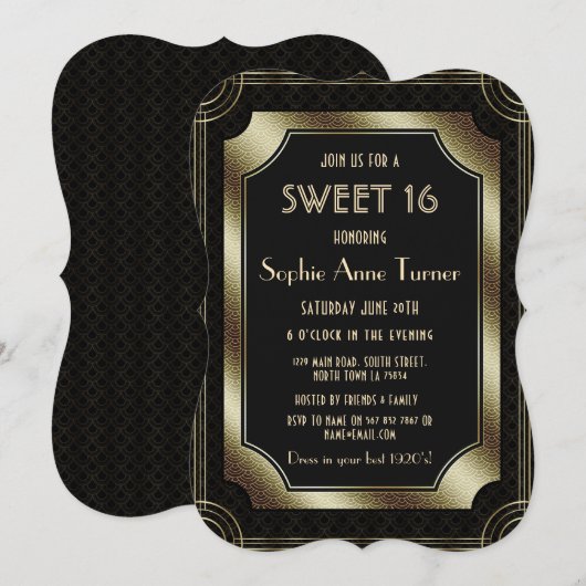 Luxury Gold Great Gatsby Art Deco 1920s SWEET 16 Kaart (Voorkant / Achterkant)