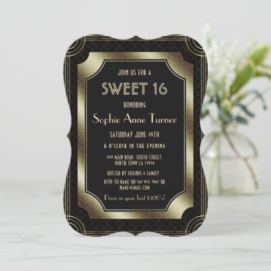 Luxury Gold Great Gatsby Art Deco 1920s SWEET 16 Kaart (Staand voorkant)