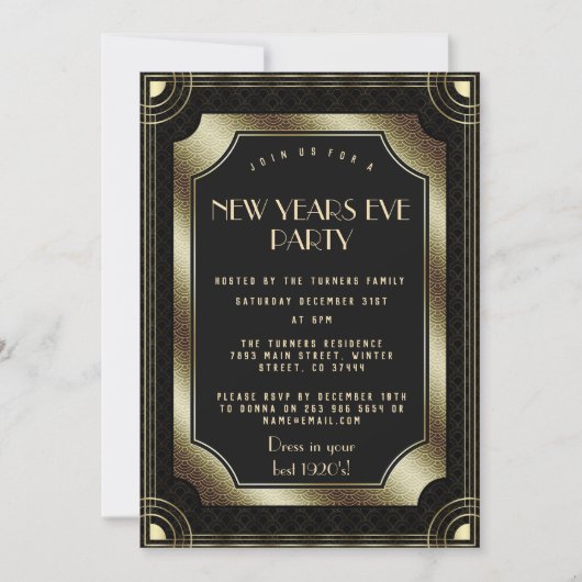 Luxury Gold Great Gatsby Black 20s nieuwjaarsfeest Kaart (Voorkant)