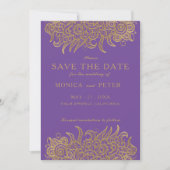 Luxury Gold Lace op Paarse elegante klassieke brui Save The Date (Voorkant)