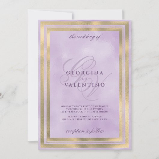Luxury gold lavender monogram initials wedding kaart (Voorkant)