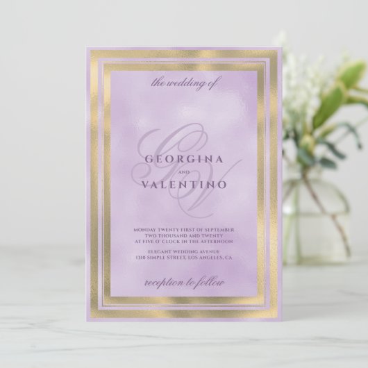 Luxury gold lavender monogram initials wedding kaart (Staand voorkant)