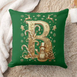 Luxury Gold Letter B Snowman Green Throw Pillow Kussen