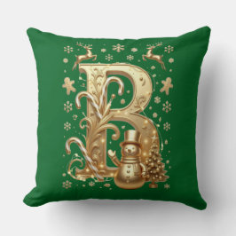 Luxury Gold Letter B Snowman Green Throw Pillow Kussen