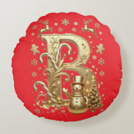 Luxury Gold Letter B Snowman Red Round Pillow Rond Kussen