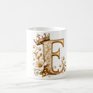 Luxury Gold Letter F Monogram with Crown & Lily Fl Koffiemok