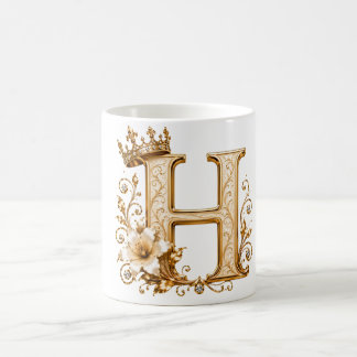 Luxury Gold Letter H Monogram with Crown & Lily Fl Koffiemok