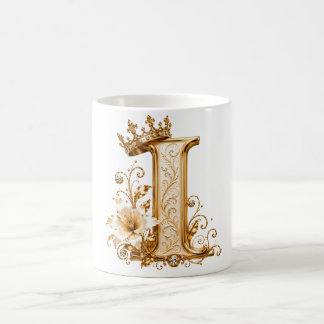 Luxury Gold Letter I Monogram with Crown & Lily Fl Koffiemok