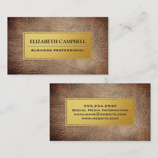 Luxury Gold Metal Bord | bruin leder Visitekaartje (Voorkant / Achterkant)