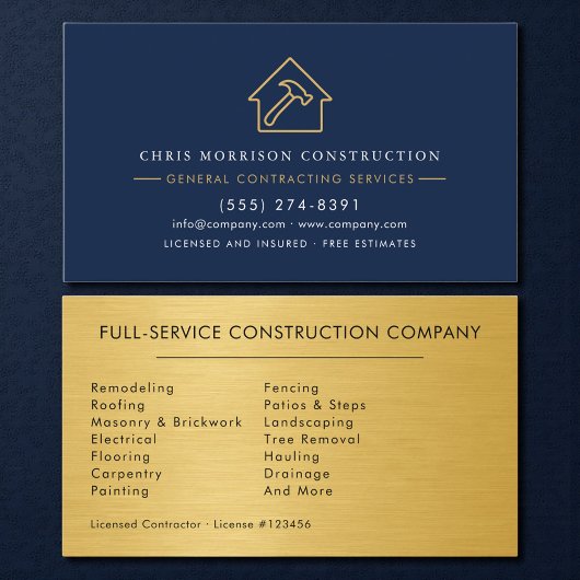Luxury Gold Metallic Navy Blue Construction Visitekaartje