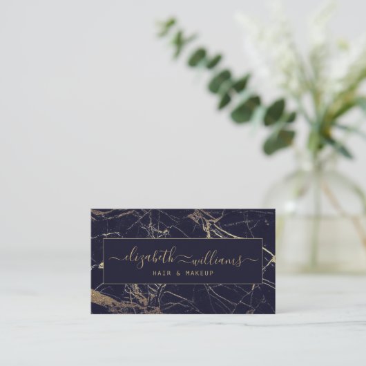 Luxury Gold Modern Marble Black & Signature Script Visitekaartje (Staand voorkant)