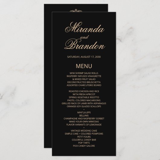 Luxury Gold Monogram Black Wedding Menu Kaart (Voorkant / Achterkant)