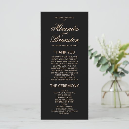 Luxury Gold Monogram Black Wedding Program (Staand voorkant)