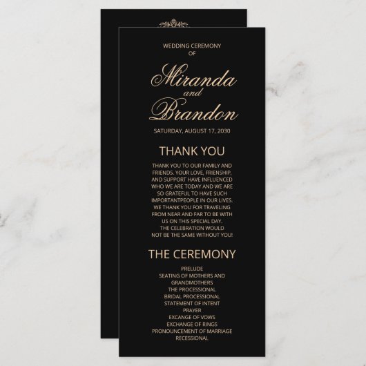 Luxury Gold Monogram Black Wedding Program (Voorkant / Achterkant)