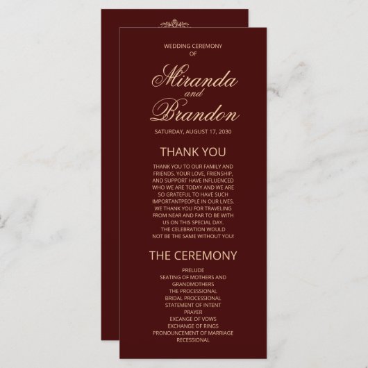 Luxury Gold Monogram Burgundy Wedding Program Kaar (Voorkant / Achterkant)