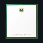 Luxury Gold Monogram Initiaal Naam Notitieblok<br><div class="desc">Verhoog uw kantoorbenodigdheden met dit monogrammed notitieblok met klassieke bloktypografie en een smaragdgroen getextureerd drukbeeld lijst met een gouden medaillonmonogram in geborstelde vorm. Het notitieblok omvat ruimte voor douanetekst, zoals jouw naam of andere teksten, die het voor persoonlijk of professioneel gebruik perfect maken. Gebruik het om nota's, ideeën, en herinneringen...</div>