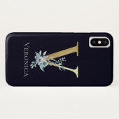 Luxury Gold Monogram Letter/Floral Blue Name Case-Mate iPhone Case (Achterkant (horizontaal))