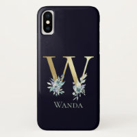 Luxury Gold Monogram Letter W Floral Blue Name
